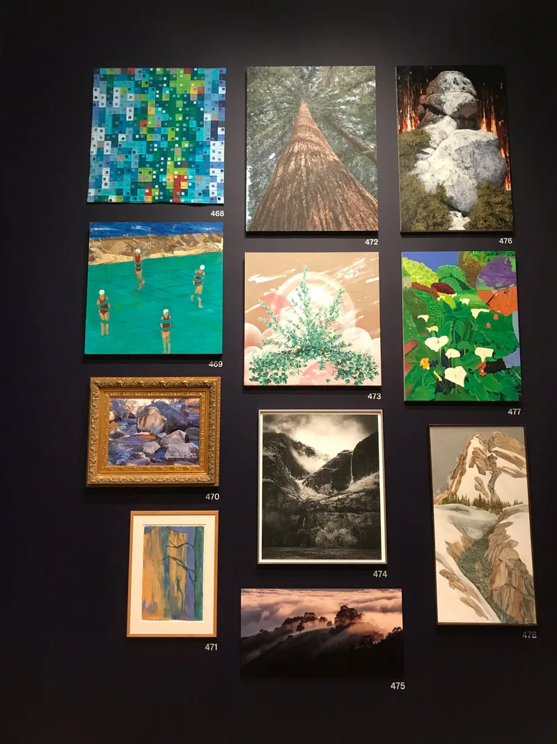 Artist Eric Wong painting Redwood Tree 2: Our roots are interlocked #472 at the de Young Open 2023 museum exhibition in San Francisco Golden Gate Park 
